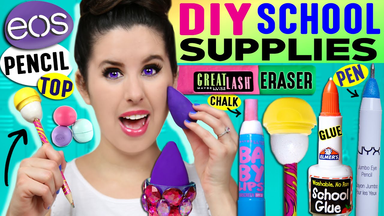 DIY Beauty School Supplies: EOS Pencil, Beauty Blender Eraser, Nail Polish Glue, Baby Lips Chalk!