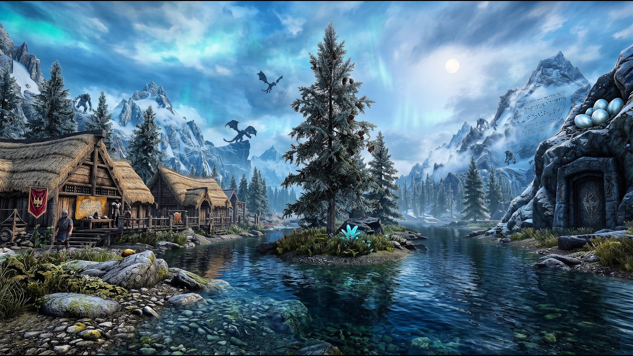 Soothing Skyrim Riverwood Ambience | ASMR Water Sounds | Deep Sleep