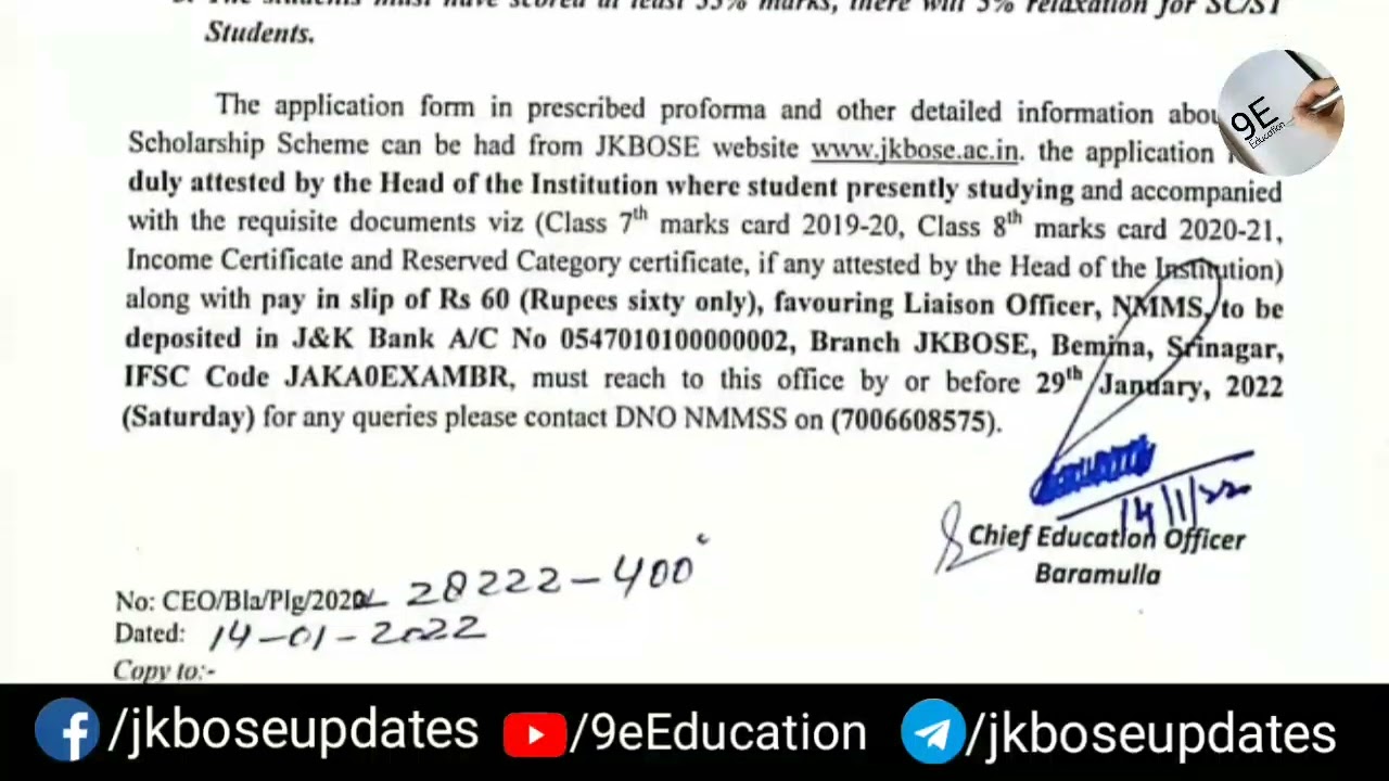 NMMSS Scholarship scheme for class 8th students of kashmir division