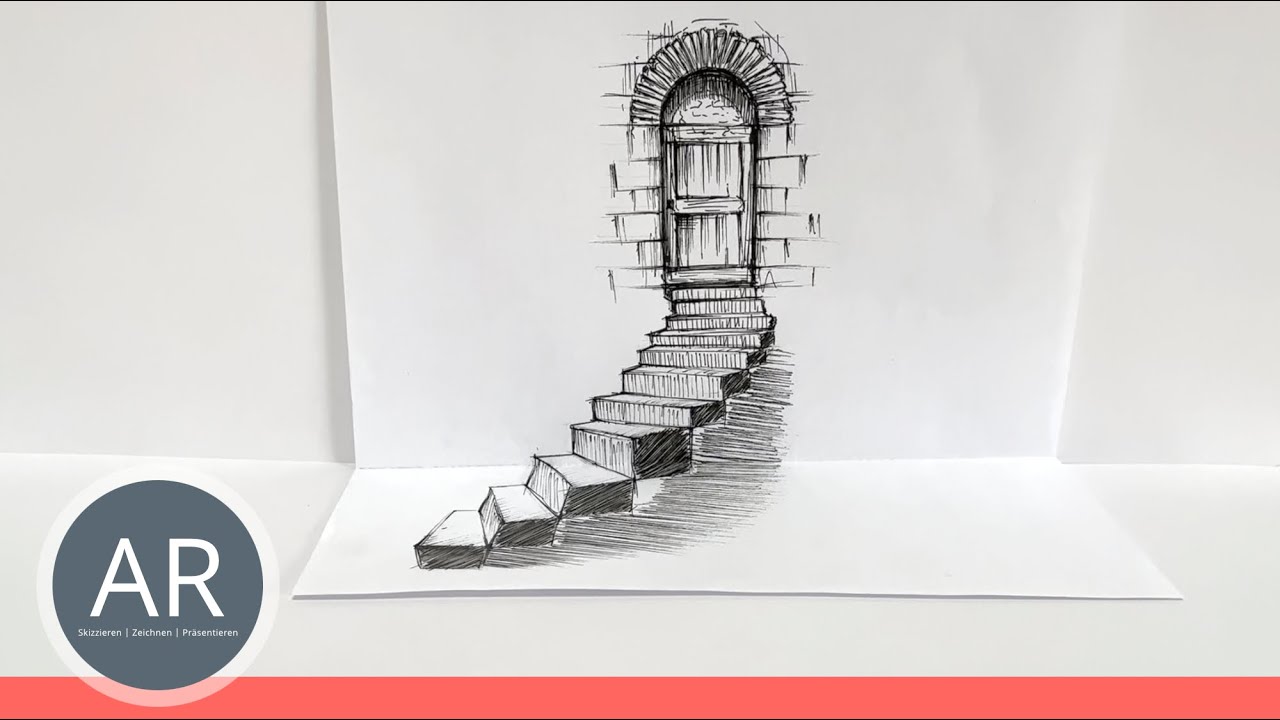 Treppe in optischer Illusion. Schritt für Schritt optische Täuschung zeichnen Anleitung. 3D Kunst.