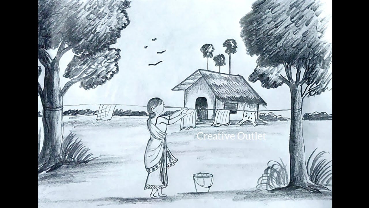 Simple Scenery Drawing With Pencil ✏️//Landscape For Beginners #youtubeviralvideo #creativeoutlet