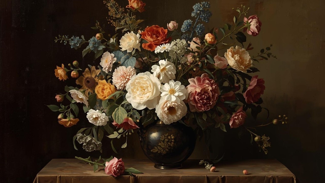 Moody Rose, Peony & Dahlia Flower Still Life Painting | Frame TV Art Display | 2-Hour Screensaver