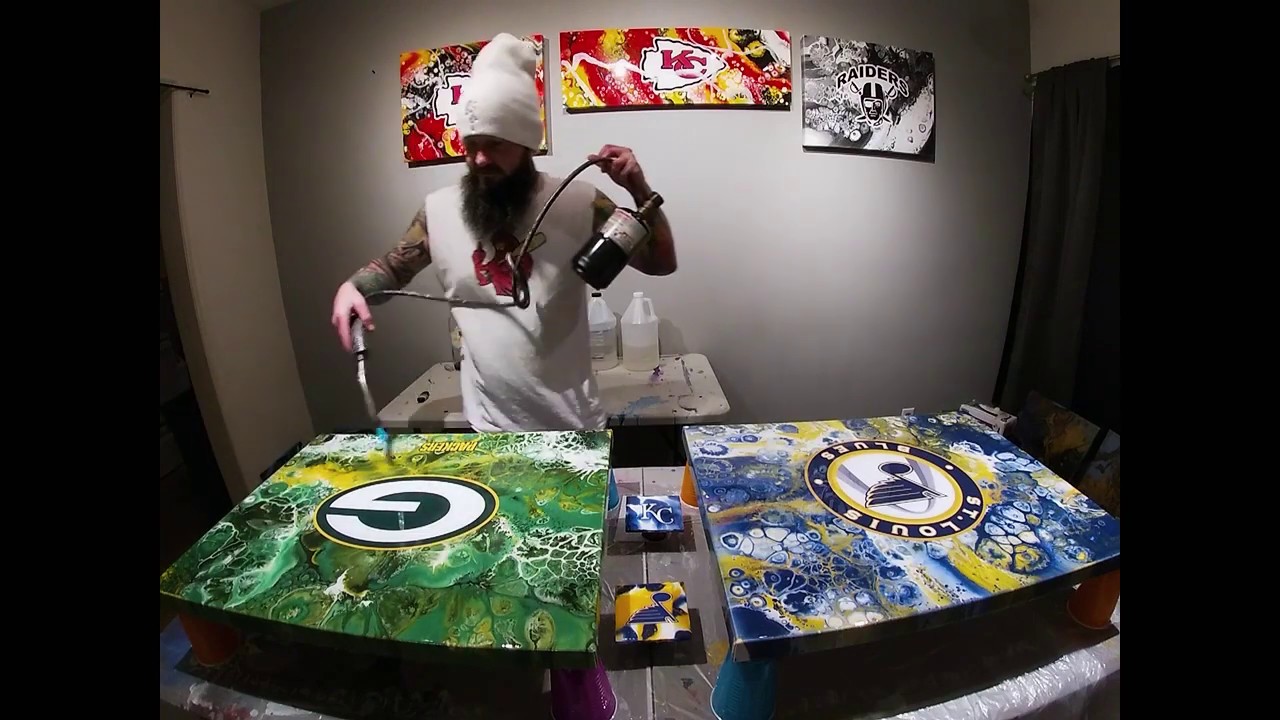 ACRYLIC POUR/ VINYL AND RESIN..... SPORTS THEMED PAINTINGS!!