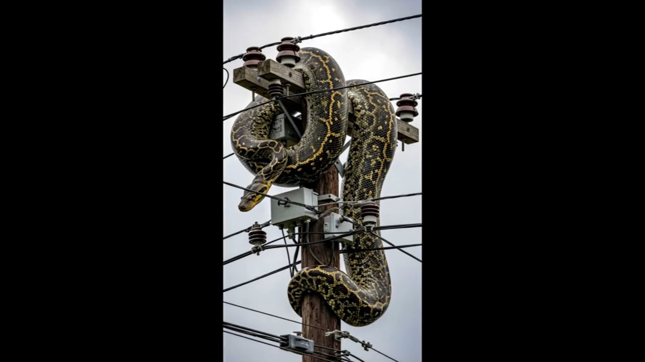 Giant Python on Power Lines! Shocking Urban Wildlife Sighting!