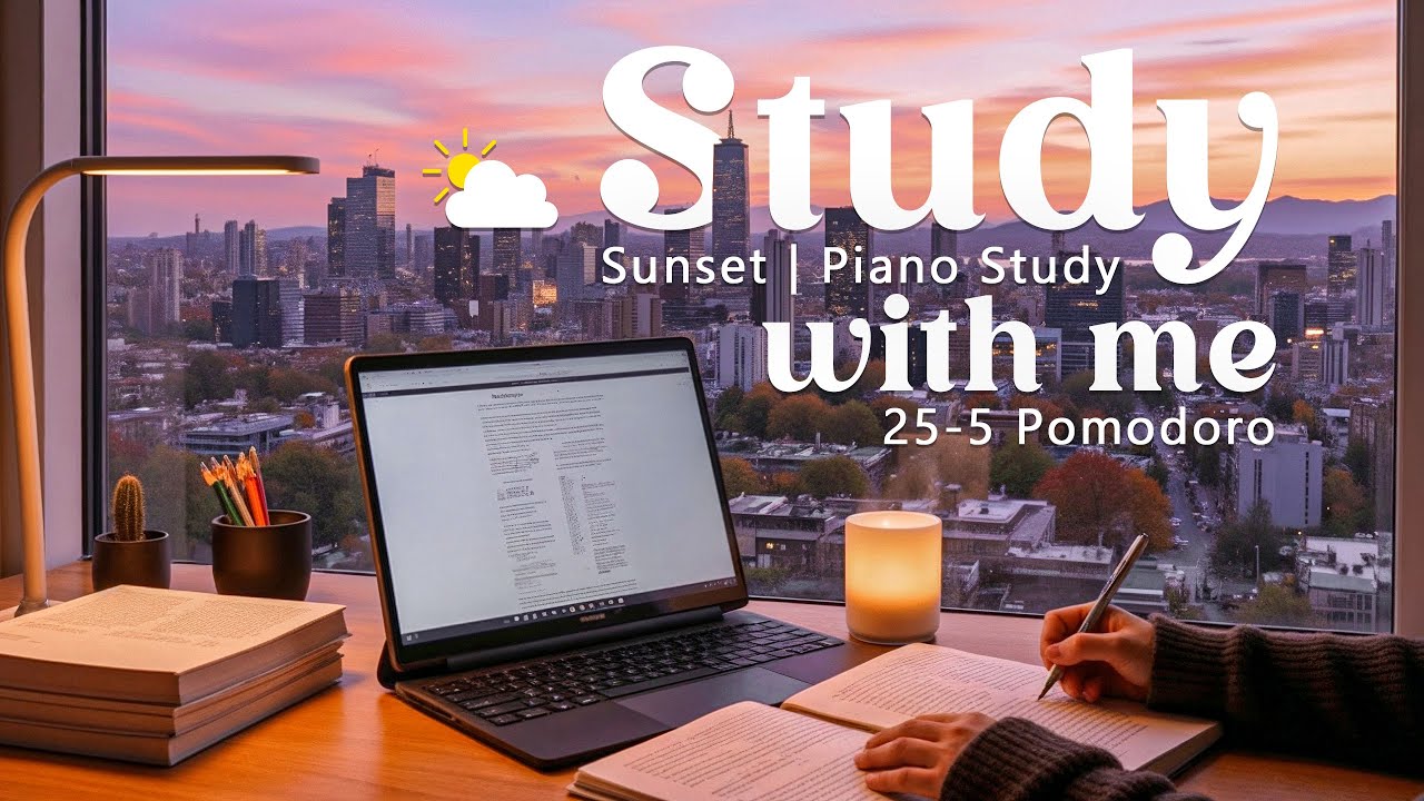 ⛅️2-HOUR STUDY WITH ME 🔥 Fire Crackling Sounds 🌇 City View at Sunset | Pomodoro 25/5