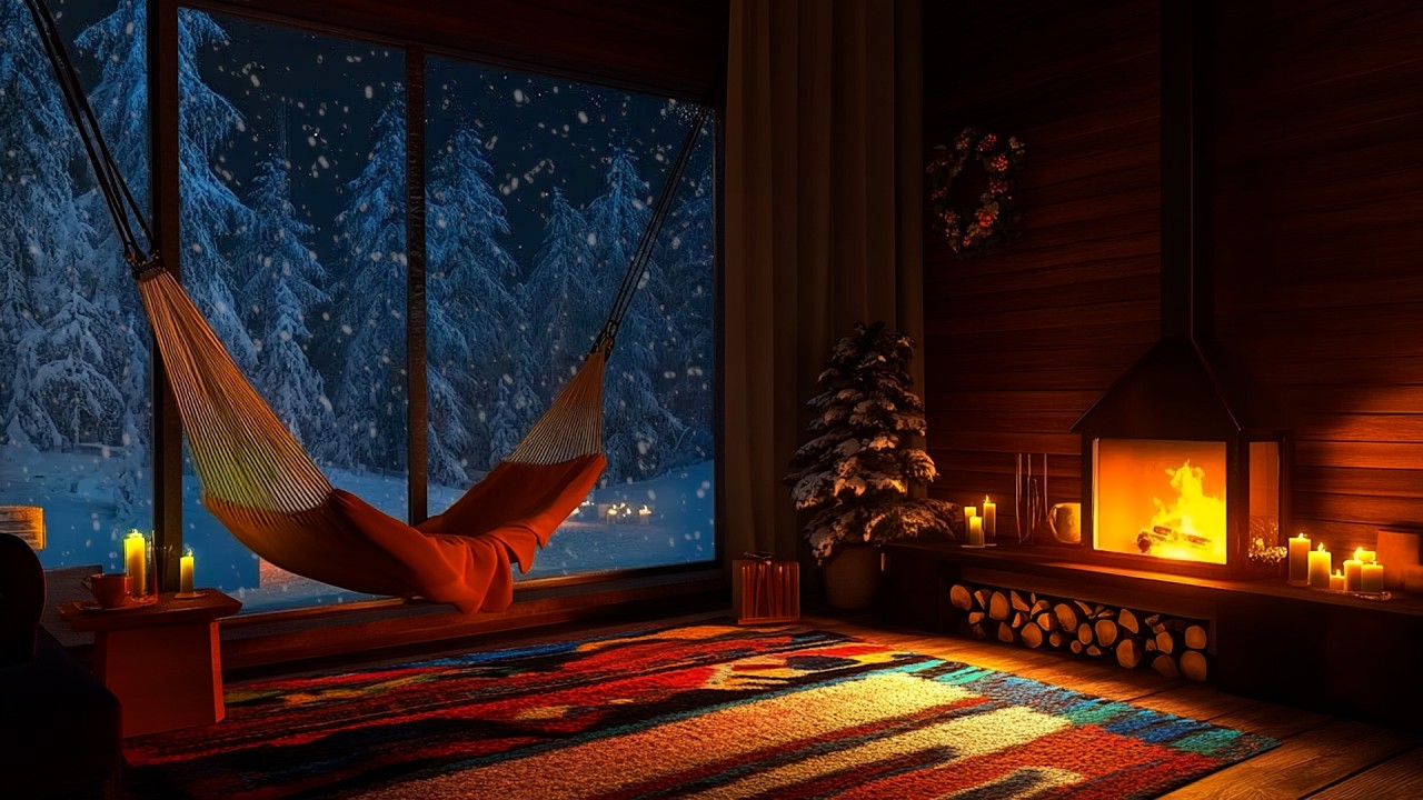 Sons de tempestade de neve gelada, lareira relaxante e nevasca em uma cabana de inverno aconchegante