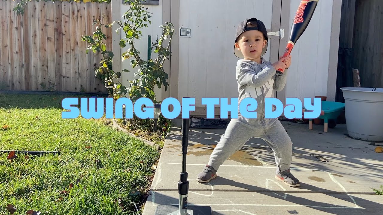 Toddler Baseball - 2 Year Old hitting baseballs off tee, t-ball practice with our 2 year old