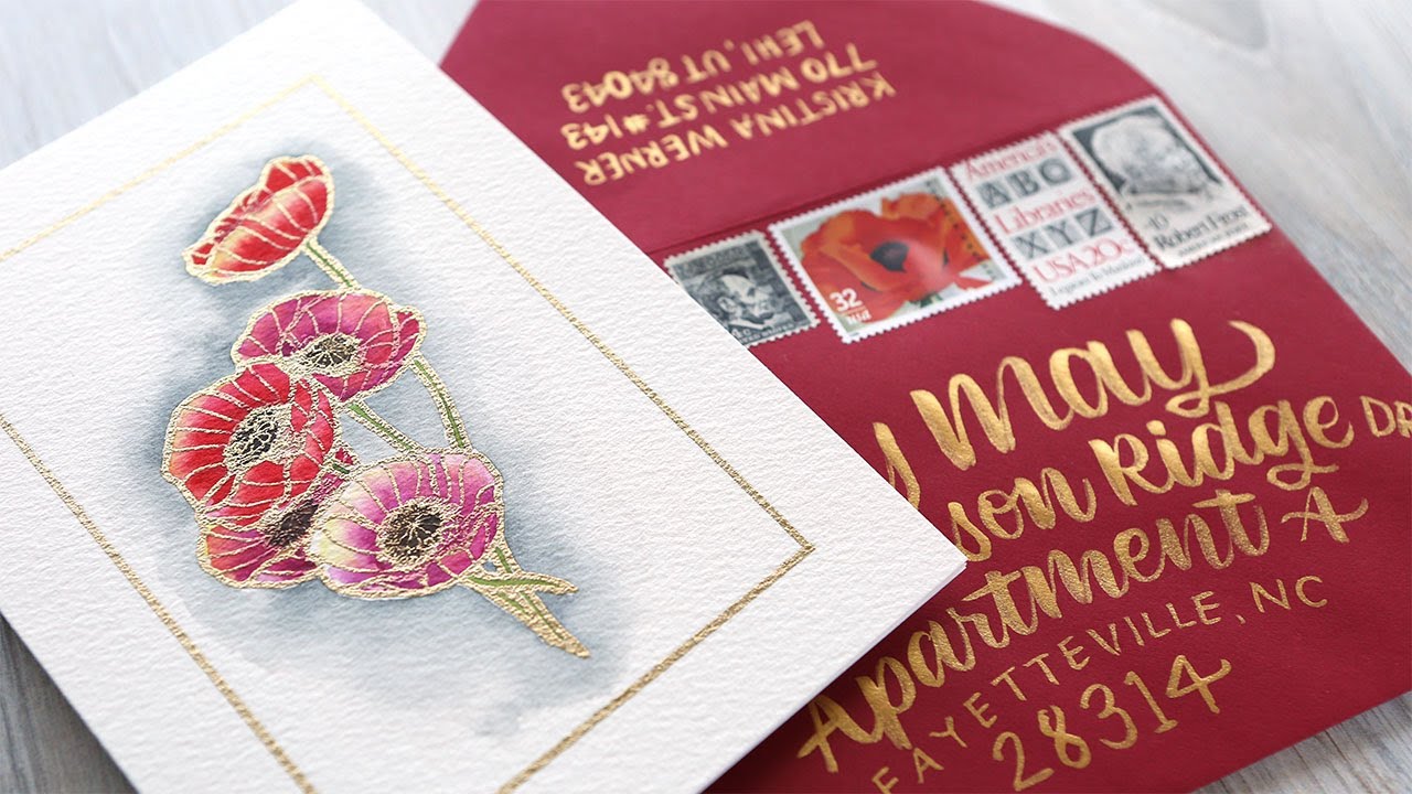 Watercolor Poppies & Brush Lettered Envelope