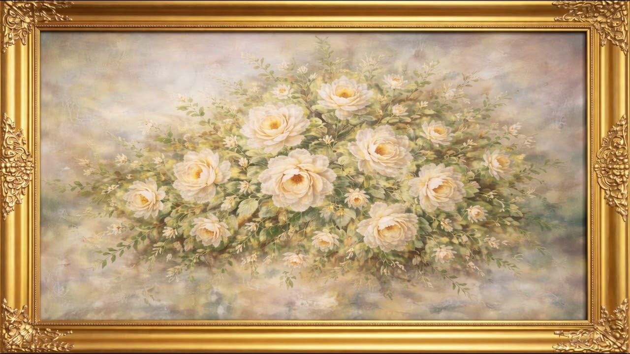 Vintage Cream Rose Oil Painting for TV – Gold Frame TV Art