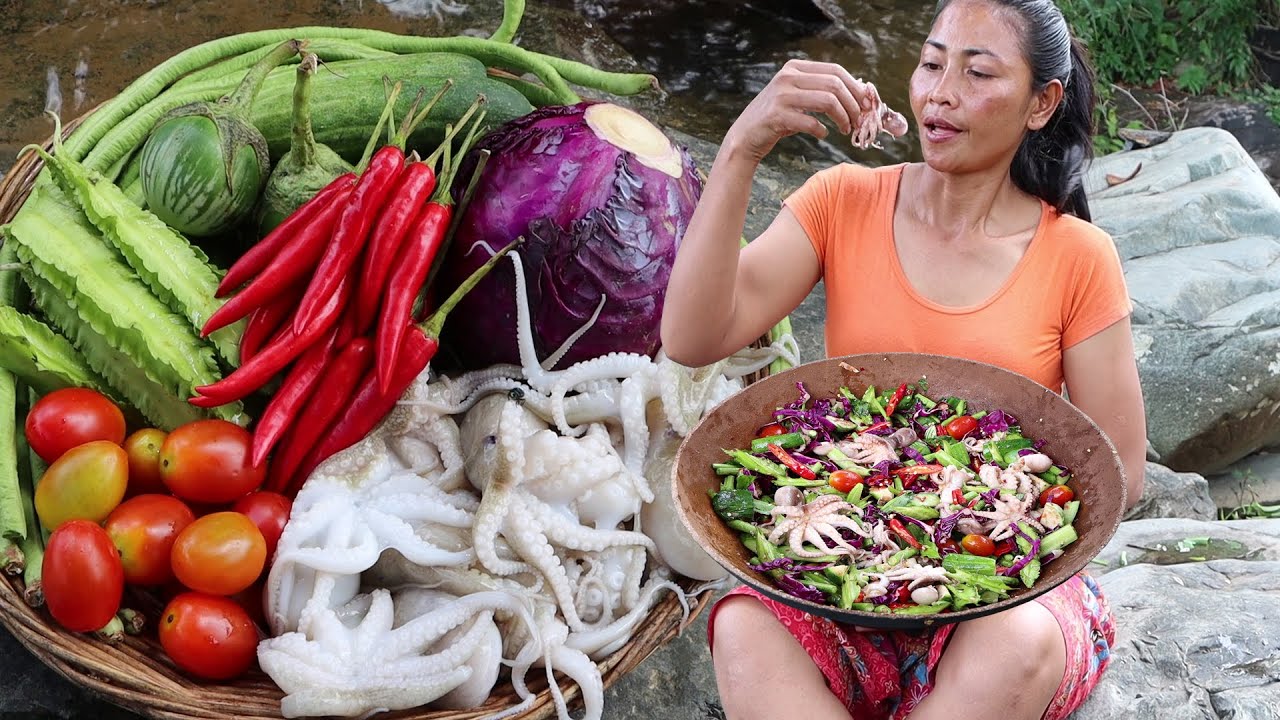 Mouth Watering with Octopus Hot spicy - This Octopus food I love to eat - Food my village Ep 42