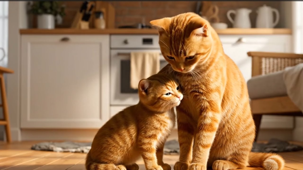 Heartwarming Scene Mother cat preparing breakfast for her kitten while the kitten is sleeping