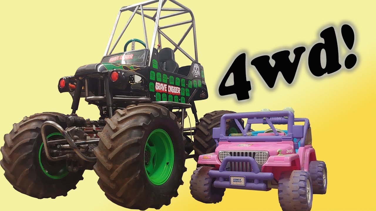 Huge DIY Modified Power Wheels Grave Digger gets working 4WD and Homemade Aluminum Panels and Roof
