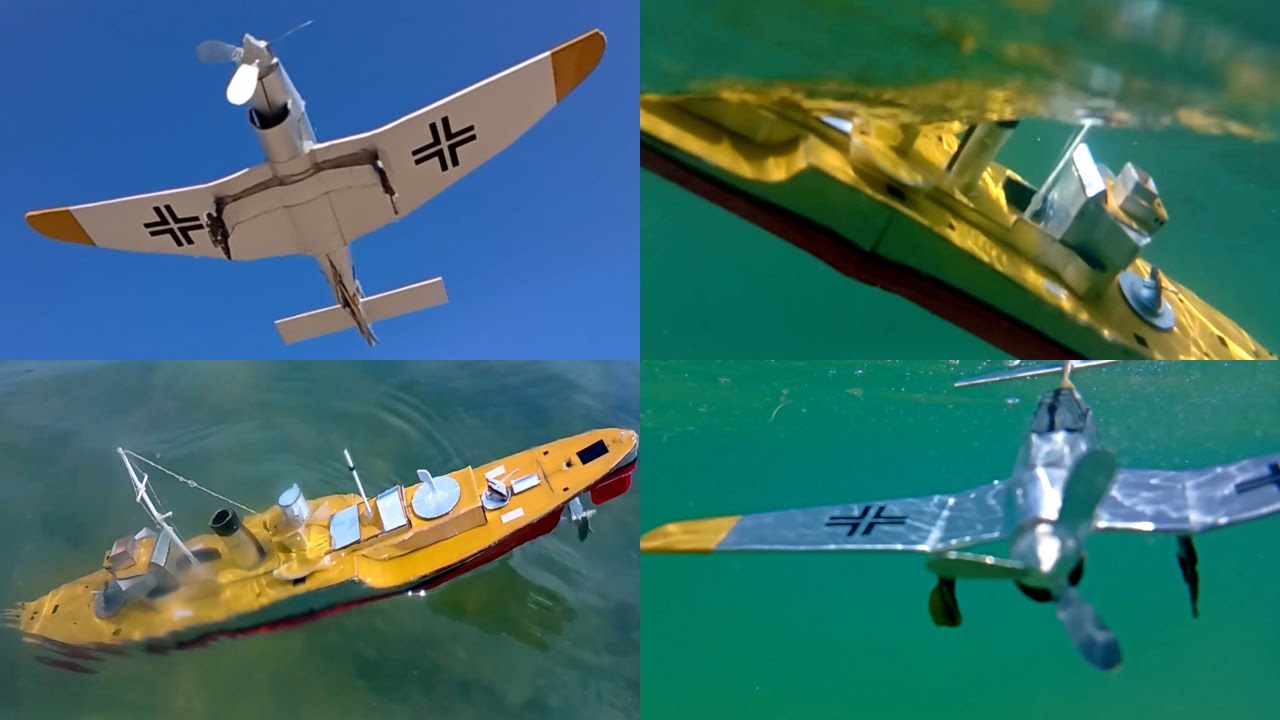 Cardboard ship sinking, Ju 87 Stuka dive bomber models attack and sink a WWII destroyer model
