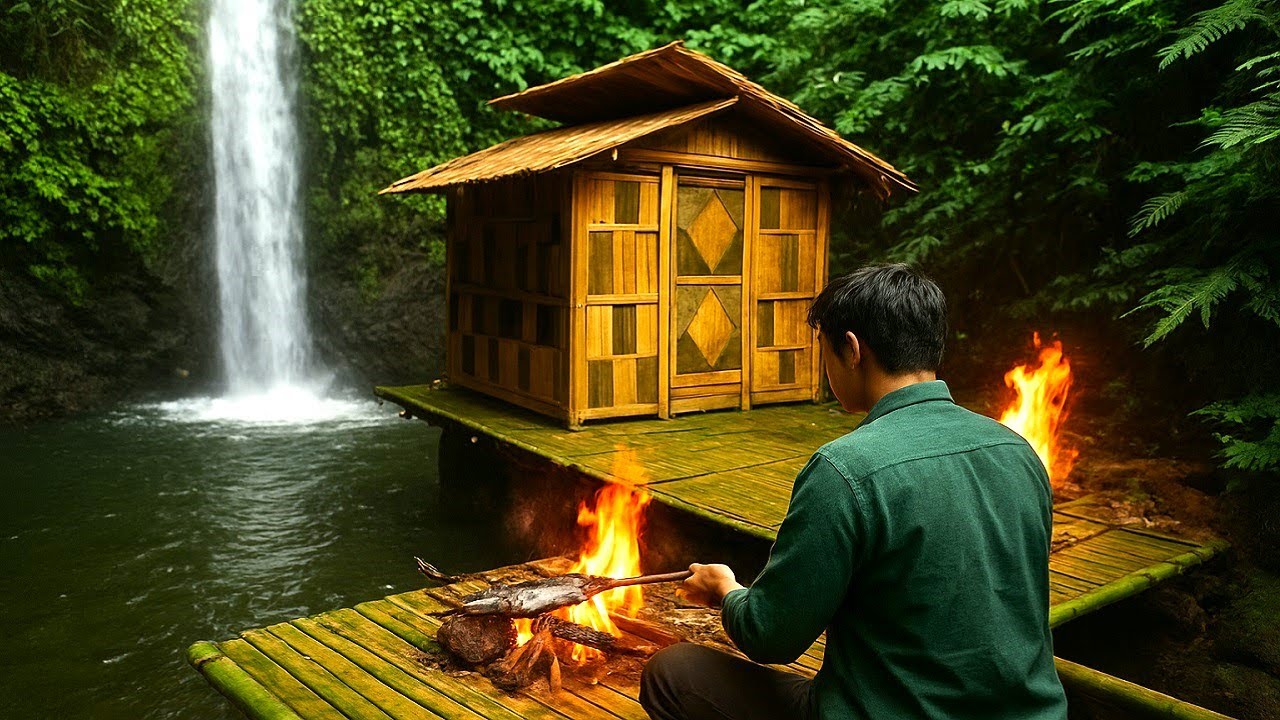 Cooking Fresh Fish Beside a Hidden Jungle Waterfall | Survival Hut Life
