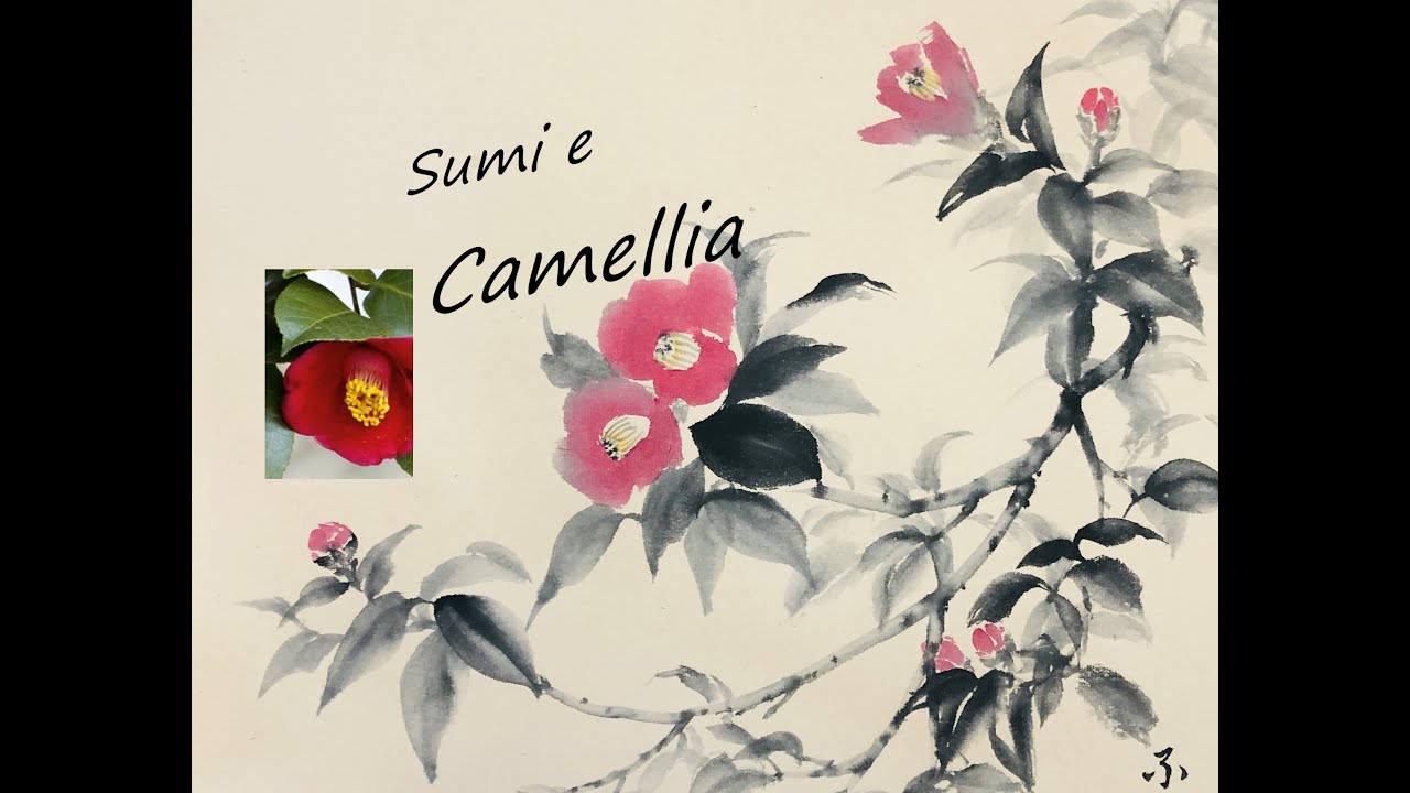 How to paint Sumi e Camellia, Japanese brush painting tutorial, suibokuga lesson, 椿、水墨画、墨絵