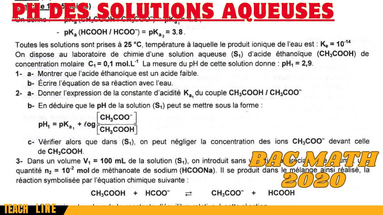 PH des solutions aqueuses: correction exercice bac math 2020