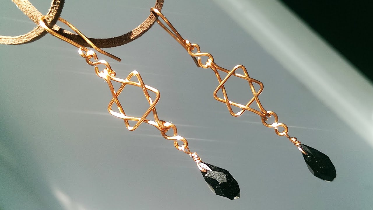 David star earring with drop crystal - Simple copper wire jewelry 352