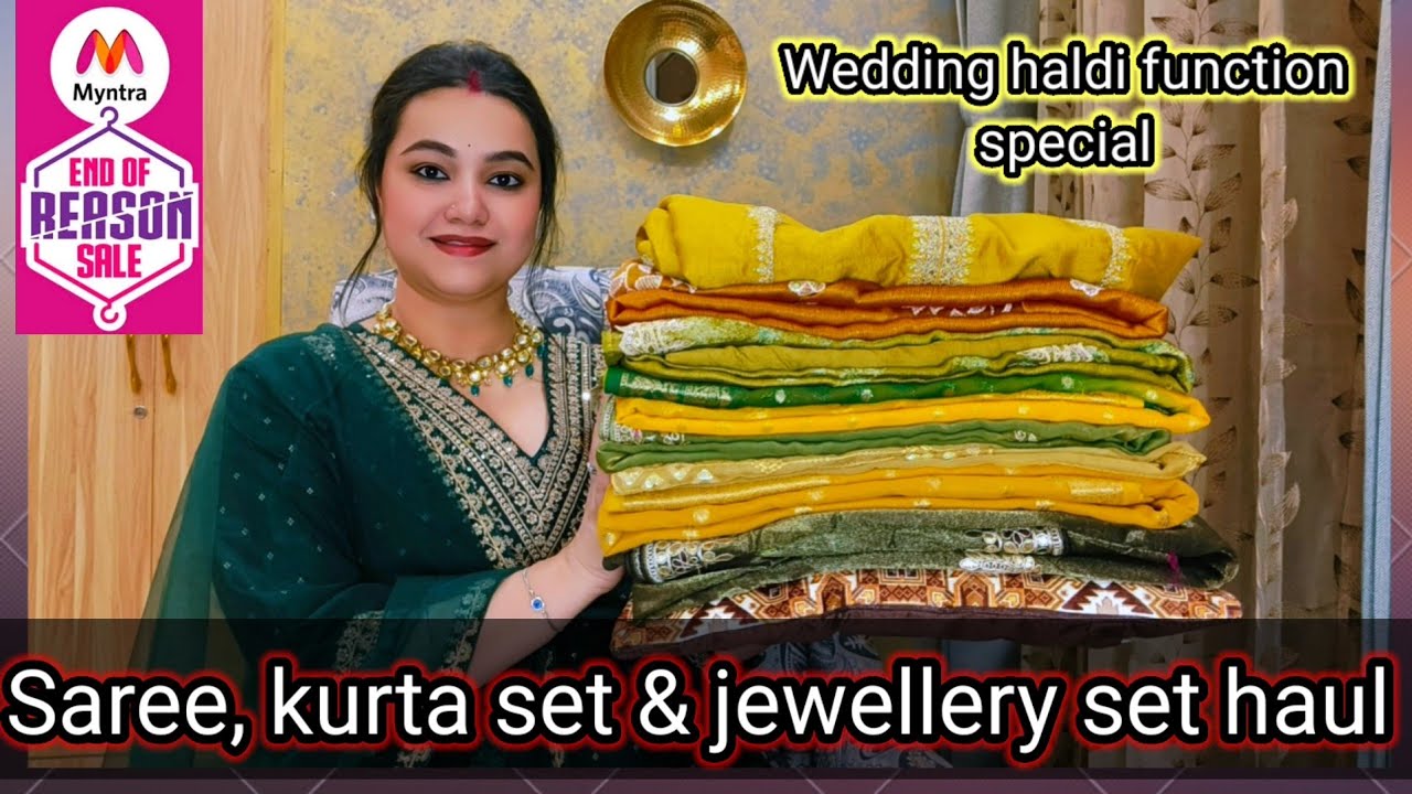 Myntra wedding haldi function wear Yellow Saree & kurta set haul (styling look) 