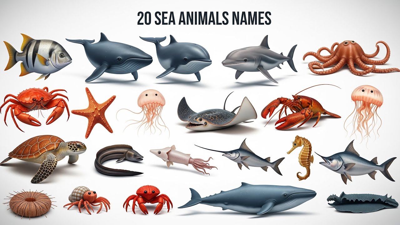 Learn 20 Sea Animals Names | Educational Video for Kids | Ocean Animals for Children