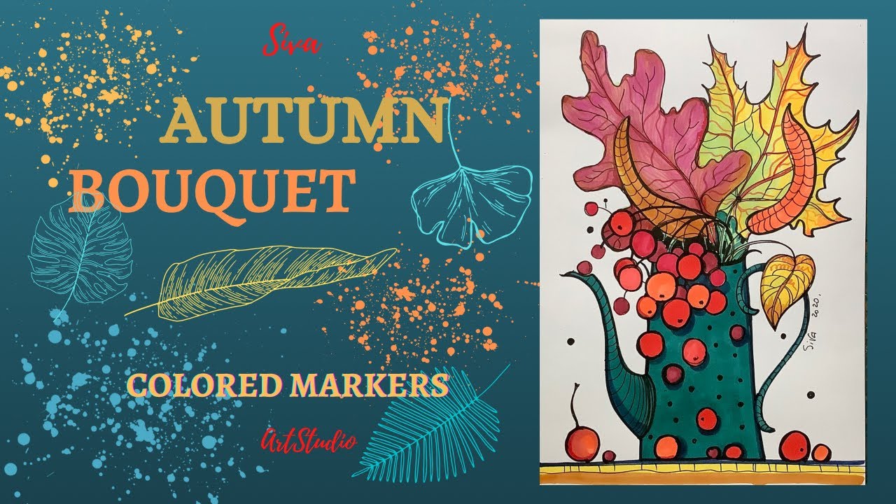 Рисуем осенний букет цветными маркерами.