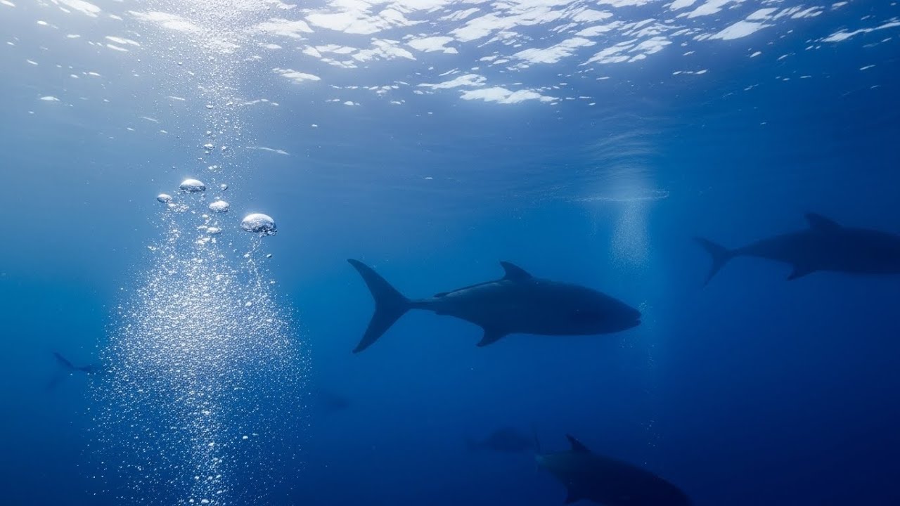 Big majestic fish moving in slow motion through deep blue sea