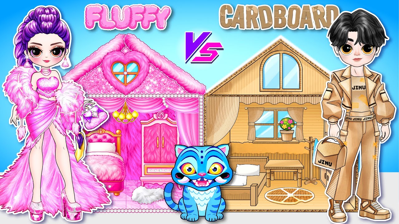 K-Pop Demon Hunters: Cardboard vs Fluffy Big Doll House Makeover! | DIY Fashion Paper Dolls