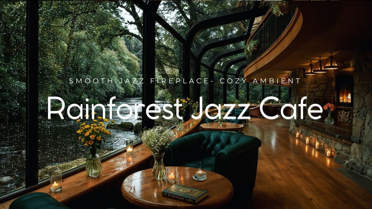 Peaceful Cabin RainForest Ambience with Smooth Jazz Fireplace | Stress Relief & Deep Sleep 🌿