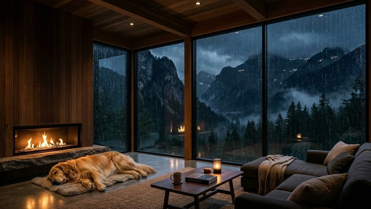 Chuva Forte em uma Residência de Vidro na Montanha (3 Horas) |  Golden Retriever Dormindo