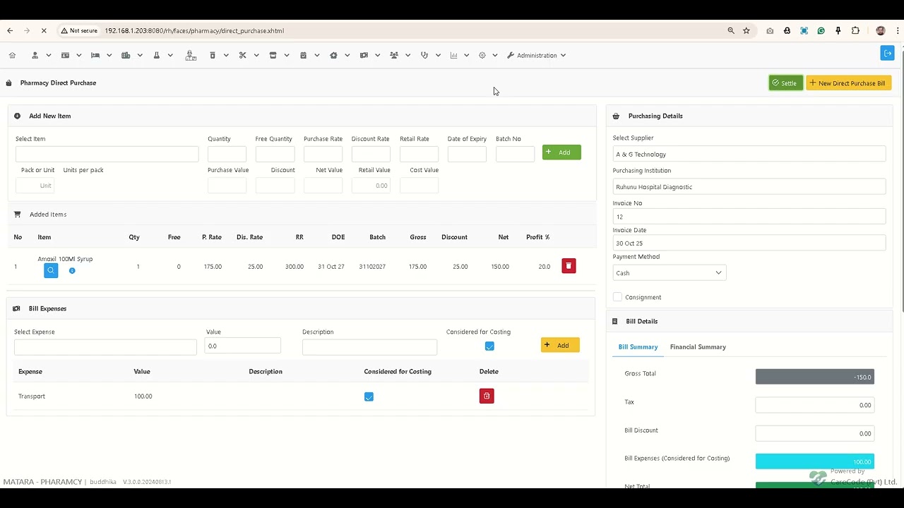Direct Purchase and GRN Report Costing