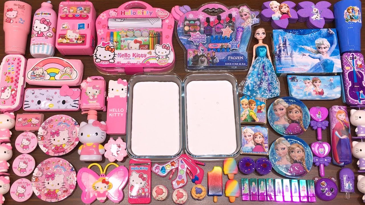 Special Series #37 PINK HELLO KITTY vs BLUE ELSA !! Mixing Random Things into GLOSSY Slime