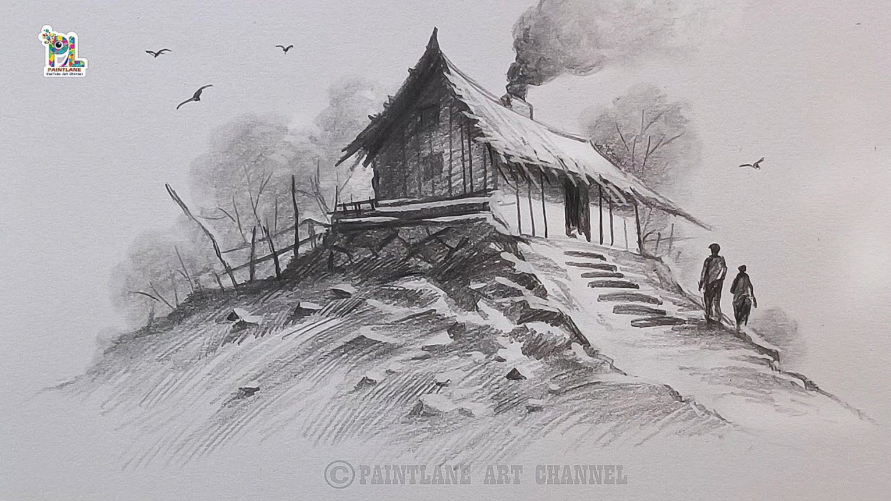 How to Draw Hut with Pencil sketch and shading