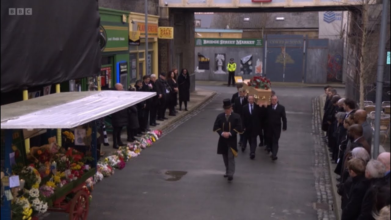 Eastenders Ian Peter Zack Harvey Alfie and Freddie walk Martin’s coffin up through bridge street