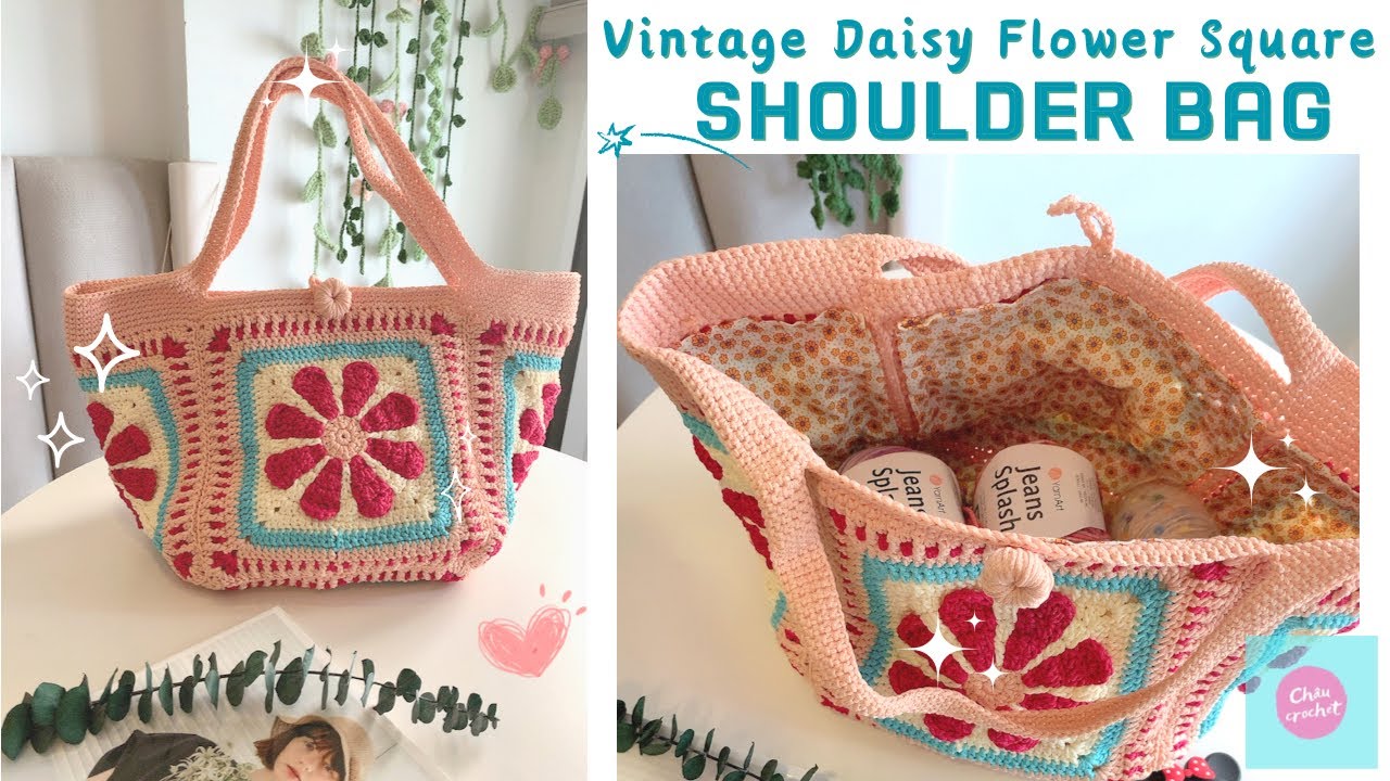 crochet vintage daisy flower square bag| Móc chiếc túi đáy vuông hoạ tiết hoa Daisy| ChâuCrochet