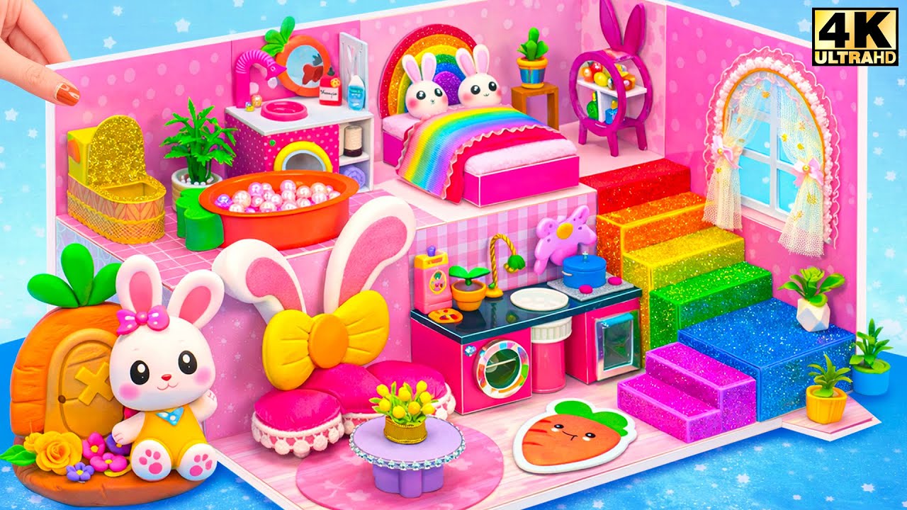 Build Lovely Pink Miniature Bunny House with Rainbow Stairs for Pets 🌈🐰 | DIY Miniature House
