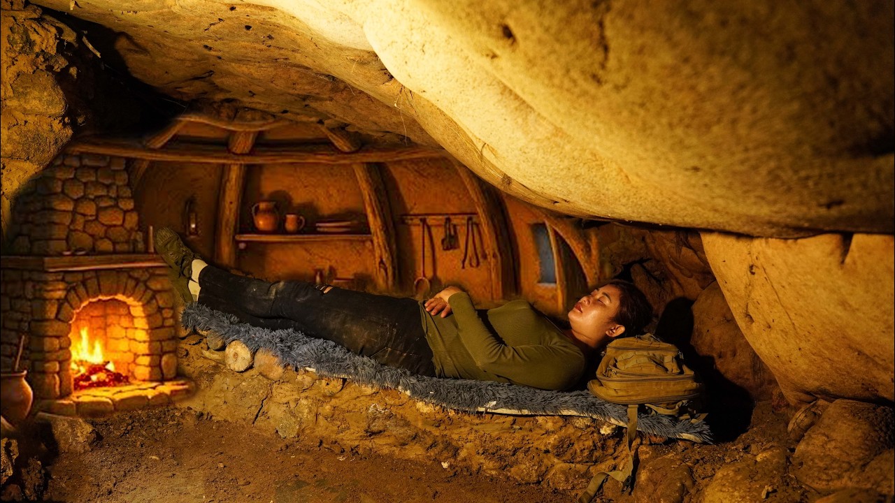 Building a Warm and Cozy Secret Shelter Under a Giant Rock. Bushcraft Survival