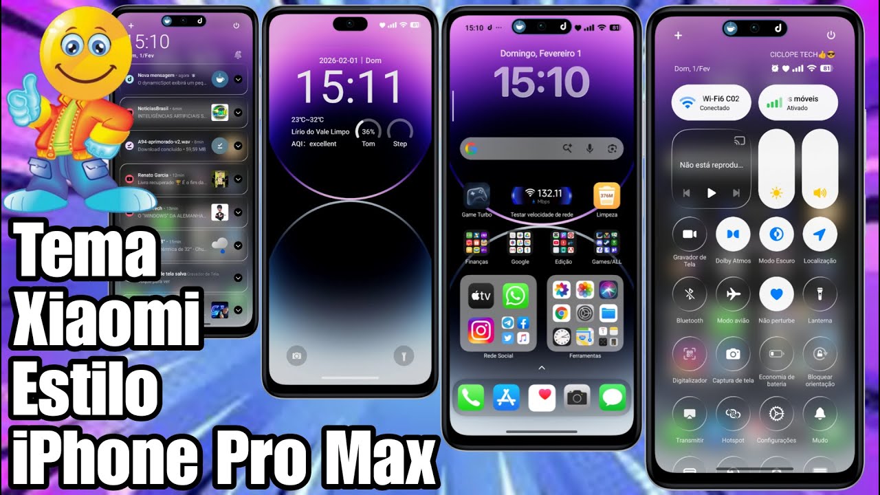 Tema Xiaomi HyperOs Estilo iPhone Pro Max Ícones Animados Control Center Liquid Glass @CiclopeTech