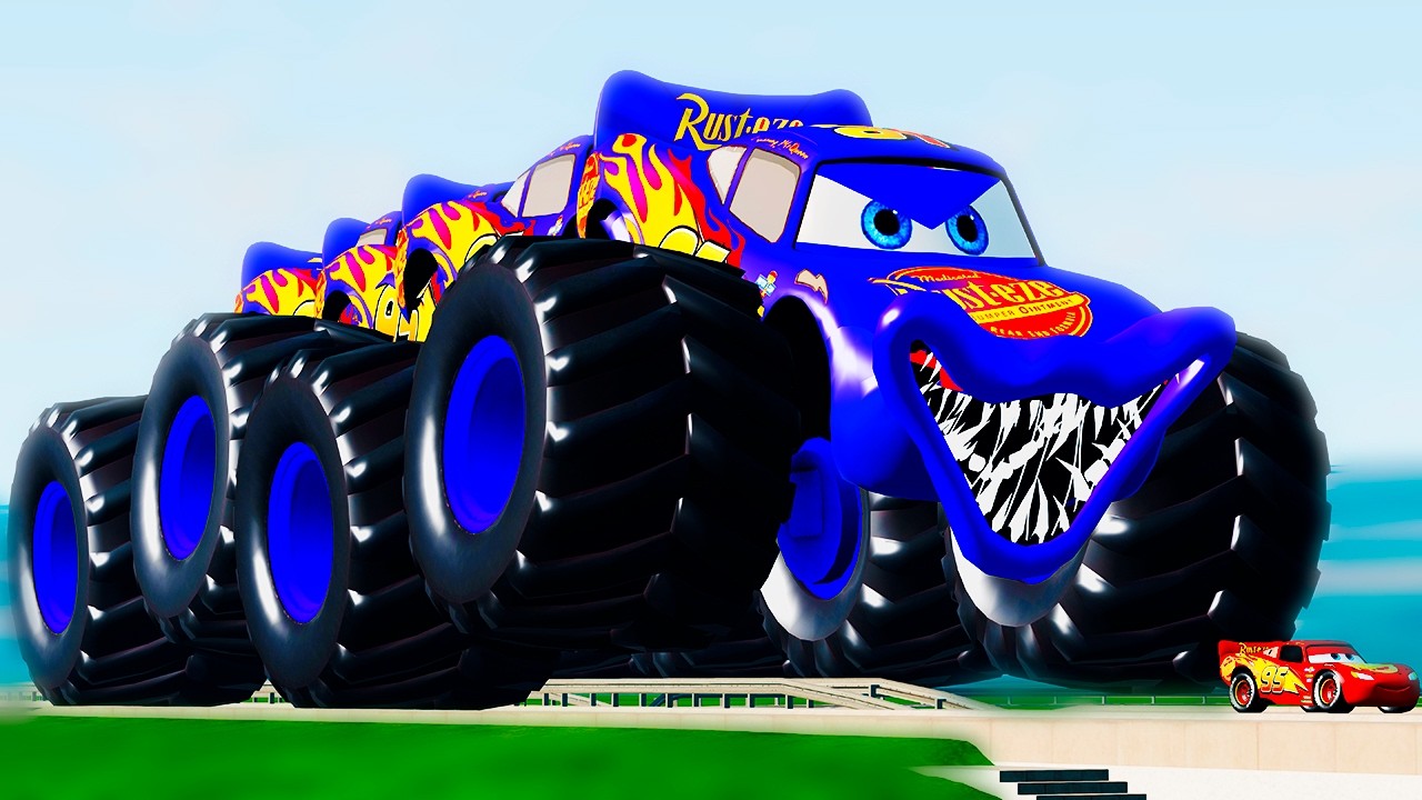 EPIC ESCAPE FROM GIANT TITAN MONSTER TRUCK LIGHTNING MCQUEEN VS CARS IN BEAMNG DRIVE