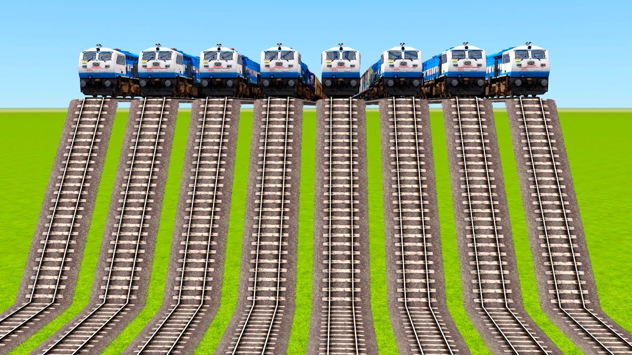 EIGHT SAME WDP 4 LOCOMOTIVE TRAINS CROSSING ON EIGHT HIGH PLACE RAILROAD TRACKS|Train simulator|