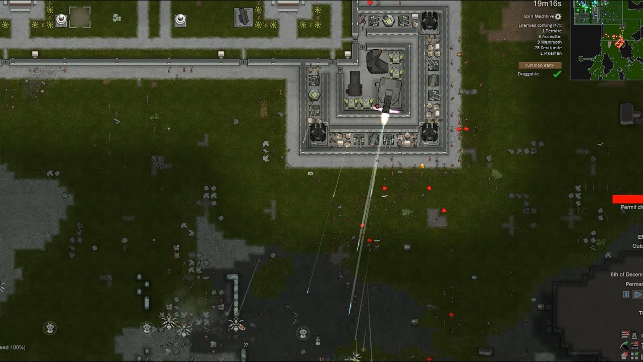 Rimworld defeating massive mechanoid raid with turret complex