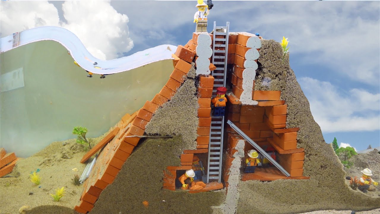 Fortified Mini Brick Mine - LEGO Dam Breach Experiment - Tsunami And Flood vs LEGO City Miners