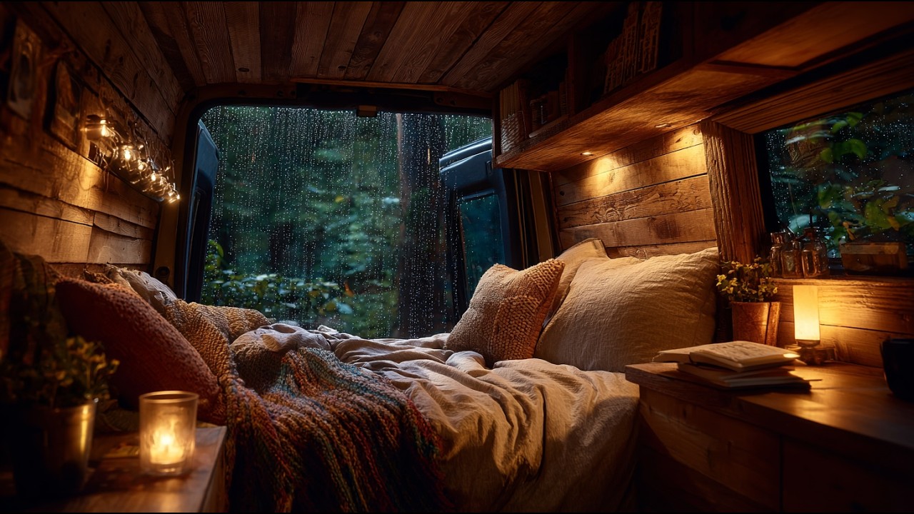 Rainy Forest Night 🌧️ Cozy Van Life Interior with Warm Lights | Relaxing Sounds for Sleep & Focus