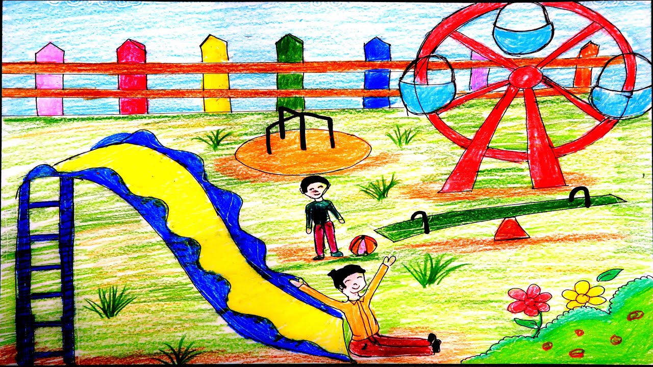 رسم سهل رسم حديقة العاب خطوة بخطوة بالالوان الخشبيه
