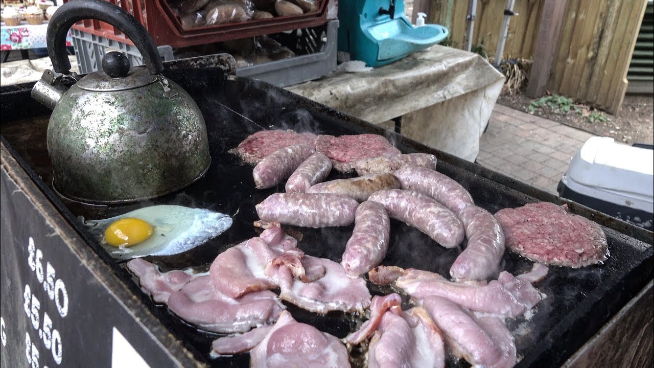 English Sausages and Bacon. Traditional London Street Food