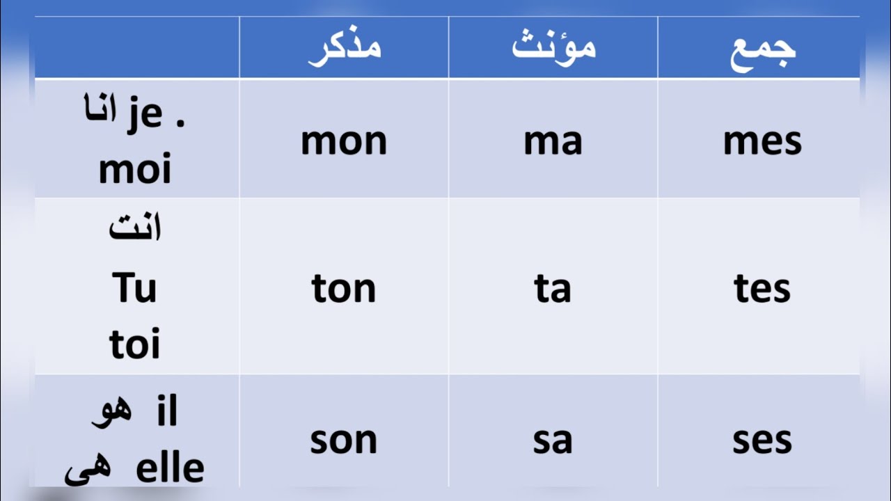 شرح استعمال ضمائر الملكية بطريقة مبسطة . les adjectifs possessifs