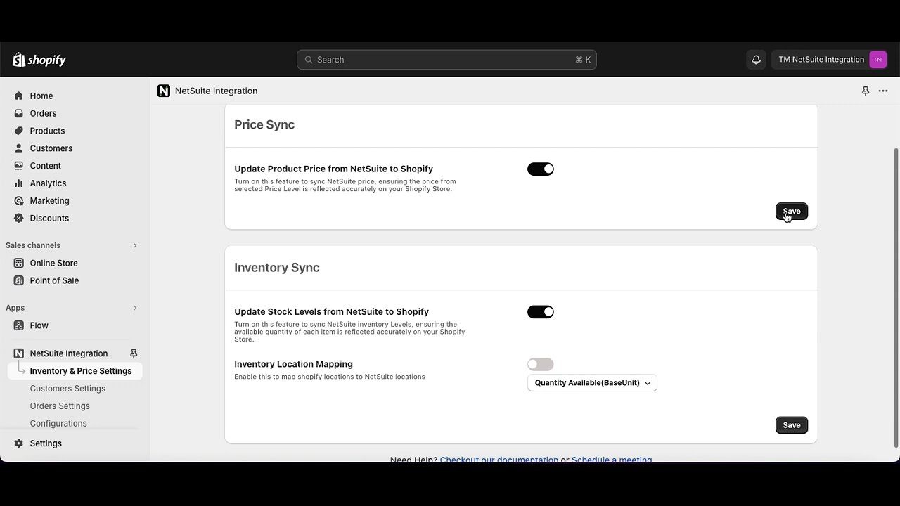 Shopify NetSuite Integration | Price and Inventory Settings