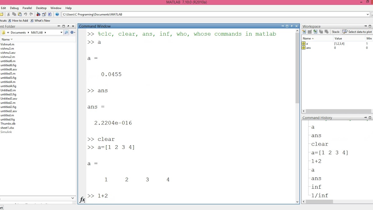 23-who,whos,clc,clear,ans,inf Commands in matlab