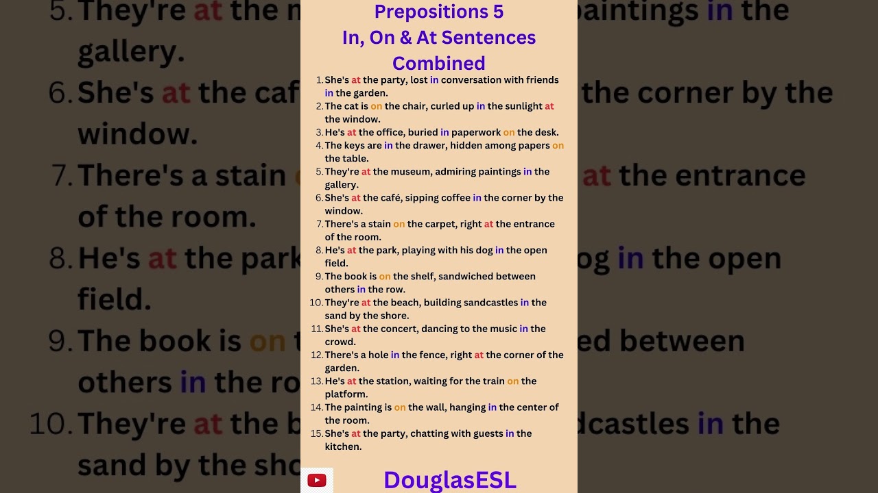 Prepositions 5 Prepositions in English Grammar ESL In On At Sentences #grammar #english #learn