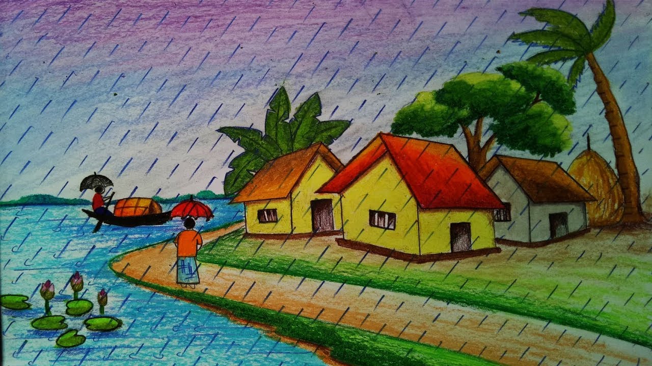 How to draw scenery of rainy season.Step by step(easy draw)