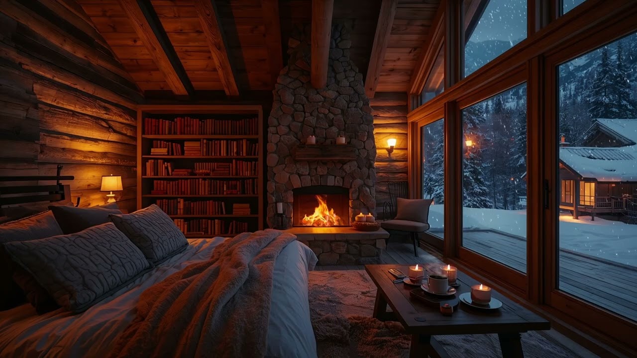 Snowy Village Stillness ❄️ Fireplace Light & Piano 🎹🔥