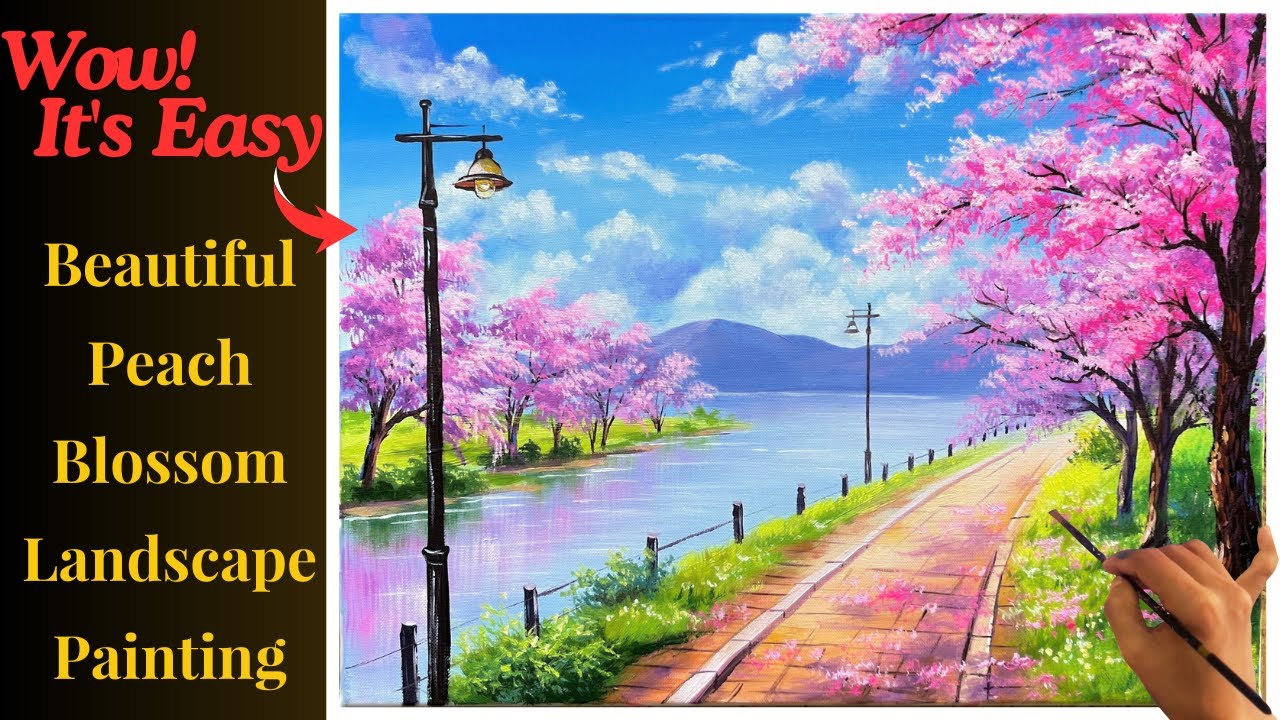 Acylic Painting - How to Paint a Landscape Painting of a Peach Blossom Road with Acrylic Paint